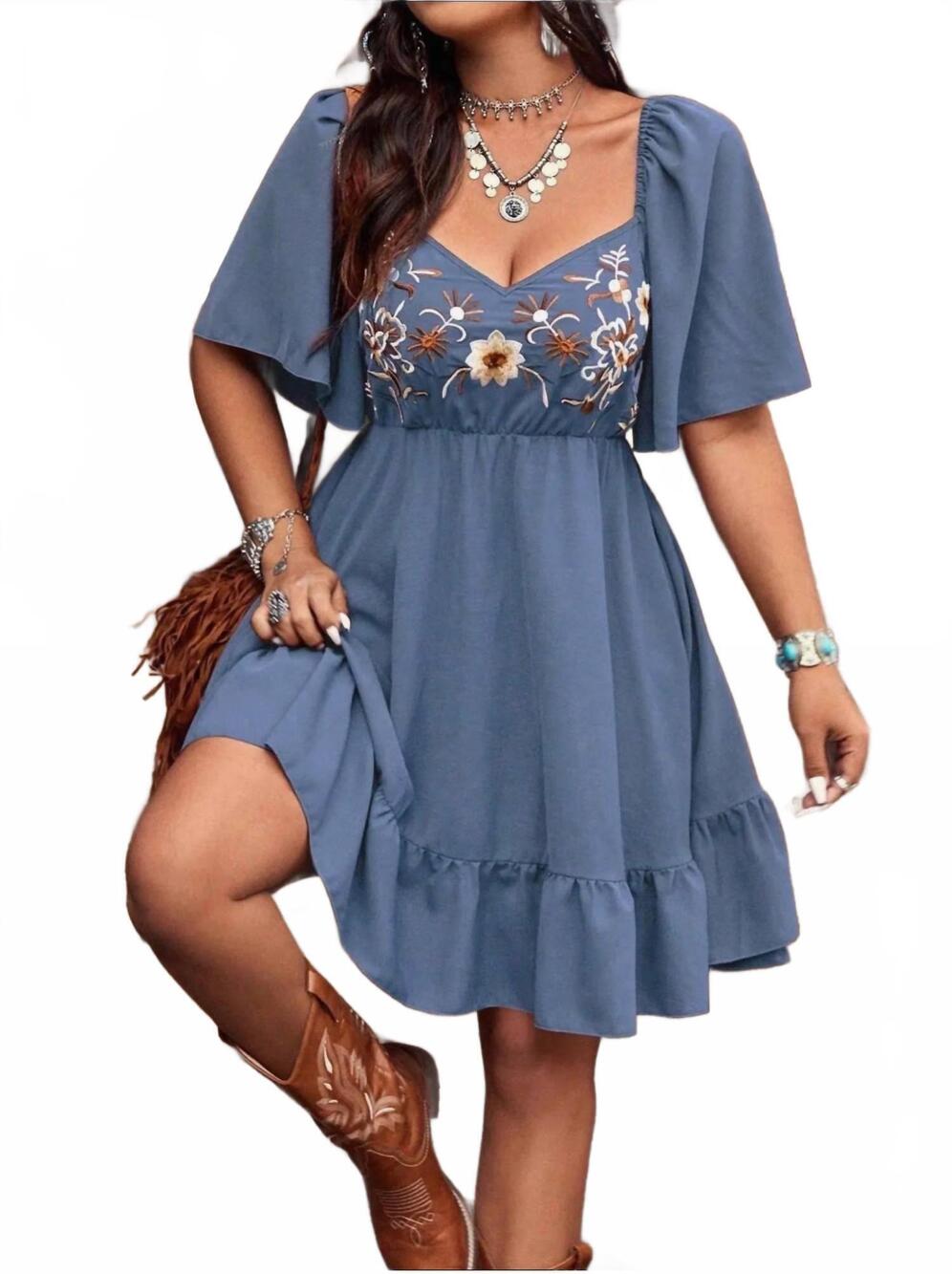NEW ROSA CLOTHING bohemian style embroidered ruffle dress in blue